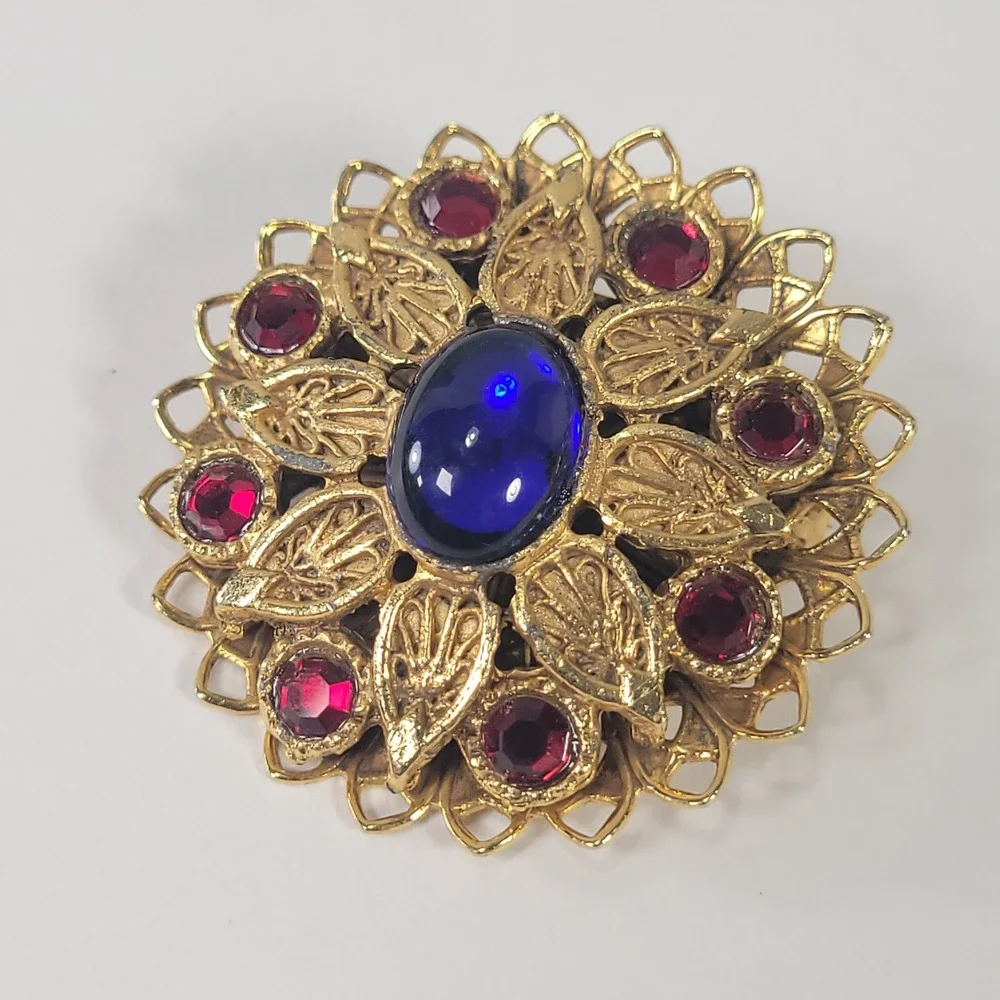 Victorian Revival Brooch Gold Tone Blue Red Faux Sapphire Rhinestones Filigree